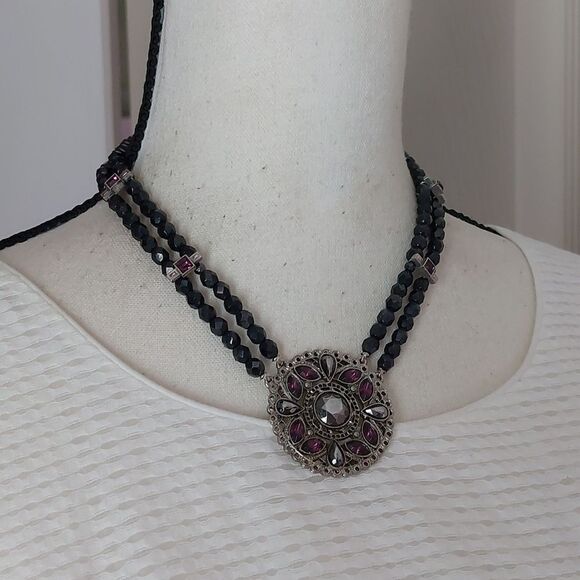 SOLD Vintage Faceted Glass Crystals Necklace with Round Rhinestone Paved Pendant - Picture 2 of 8